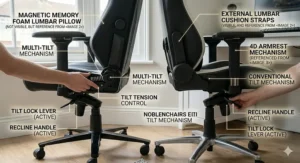 Close-up of the tilt and recline hardware, comparing SecretLab’s multi-tilt mechanism and tension control against the noblechairs conventional tilt lock and recline levers.