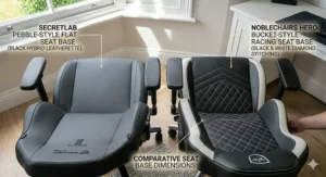 A top-down view comparing the ergonomic pebble-style flat seat base of a SecretLab chair with the bolstered bucket-style racing seat design of a noblechairs model.