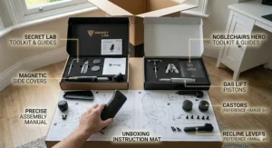 A comparison of the unboxing experience, showing the premium toolkits, magnetic side covers, and assembly manuals provided for SecretLab and noblechairs HERO models.