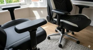 A close-up, photorealistic comparison of the build materials, showcasing the texture of the SecretLab Neo hybrid leatherette versus the detailed diamond stitching of noblechairs upholstery.