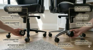 High-detail comparison of XL PU castors, showing the internal precision bearings of SecretLab wheels versus the high-grade steel axle design of noblechairs castors on a wooden floor.