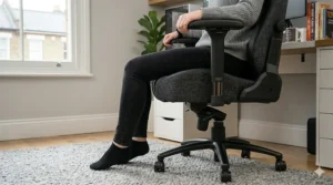 Side view of a gaming chair with a shallow seat depth, preventing pressure behind the knees for a short person by maintaining a clear ergonomic gap.