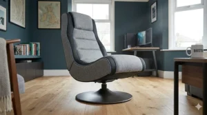 A photorealistic illustration of a grey floor gaming chair showing its 360-degree swivel base on a light oak floor with an annotated diagram of the swivel mechanism.