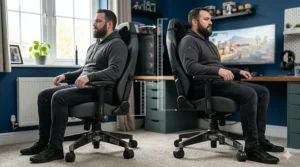 Side-by-side comparison showing the extensive height adjustment range suitable for gamers over 6 feet tall.