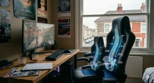 A size comparison chart between a junior gaming chair and a full-size adult racing chair for British secondary school students.
