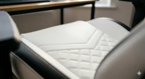 Close-up detail of premium white faux leather upholstery on a gaming chair, showing the durable stitching and breathable material texture.