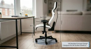Technical drawing of a white gaming chair with centimetre measurements, showing its compact footprint suitable for UK bedrooms and studies.