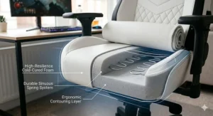 Cross-section illustration of the high-density cold-cured foam padding used inside a white gaming chair for long-term comfort.
