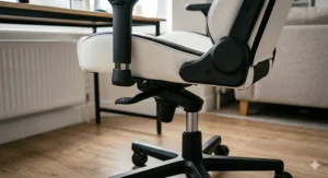 Side view illustration of a white gaming chair highlighting the gas lift height adjustment and backrest recline levers.
