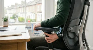 Padded 3D adjustable armrests on an ergonomic swivel chair providing forearm support for typing.