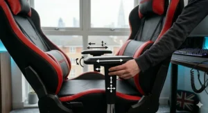 Detailed shot of adjustable 4D armrests on a red and black swivel chair, allowing for height and width customisation.