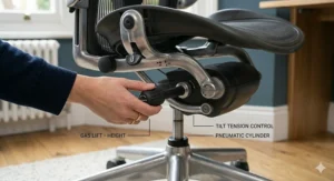 Detailed view of a hand adjusting the gas lift height lever, tilt tension control, and pneumatic cylinder of an ergonomic study chair for adults.