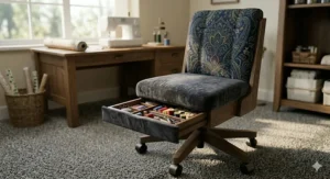 A person adjusting the height lever of a fabric-upholstered sewing chair to align perfectly with a sewing machine table.