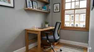 A compact budget office chair with a grey mesh back tucked under a small oak writing desk in a cosy London terraced house corner, showing clever space utilisation.