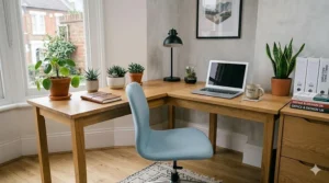 Close-up of an affordable ergonomic designer desk chair with adjustable lumbar support and mesh backrest for comfortable working from home.