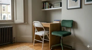 An ergonomic armless swivel chair pushed fully under a narrow wooden desk to save floor space in a cramped study.
