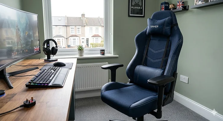 Alt text for image 1: A high-back ergonomic blue gaming chair with adjustable armrests and lumbar support, positioned against a minimalist grey wall. blue gaming chair