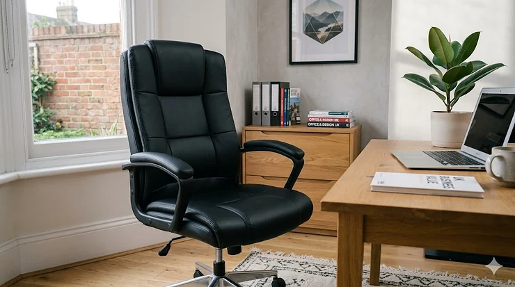 A modern home office featuring a sleek, ergonomic designer office chair that is affordable, paired with a wooden desk and a desk lamp in a bright London flat. designer office chair affordable