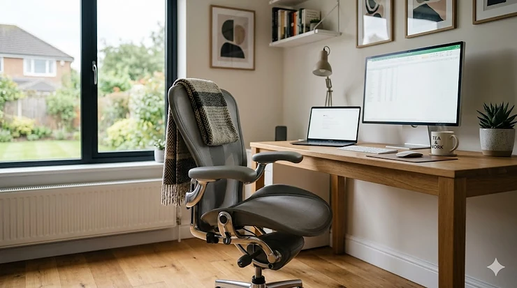 A comfortable ergonomic office chair for working from home positioned at a wooden desk in a brightly lit UK home office. office chair for working from home