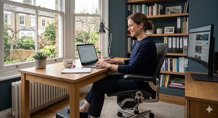 A woman working on a laptop at a wooden desk in a modern UK home office setup, sitting in an ergonomic study chair for adults with an adjustable mesh backrest and natural light from a sash window. study chair for adults