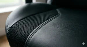 A photorealistic, close-up view of the premium black faux leather and breathable mesh panelling upholstery on a gaming chair, highlighting the detailed texture, precise stitching, and fabric weave.