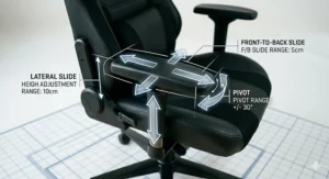 A photorealistic technical illustration demonstrating the 4D adjustable armrests of an ergonomic black gaming chair. Multiple translucent arrows and text labels specifically show the exact adjustment ranges for height, lateral slide, front-to-back slide, and 30-degree pivot.