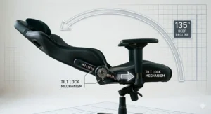 A side-profile technical drawing of a black gaming chair in a full 135-degree recline. A graphical overlay with white arrows and text explicitly highlights the 135-degree deep recline function and the tilt lock mechanism.
