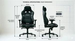 A photorealistic technical drawing and specifications sheet for a black gaming chair. The image displays front and side profiles with overlay dimension lines and white text, providing precise measurements in centimetres and millimetres for overall height, width, seat depth, and adjustment ranges.