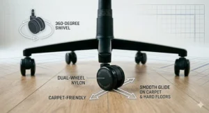 A high-resolution technical drawing of the black gaming chair's base and multi-directional nylon castors. Diagrammatic overlays with white text confirm the dual-wheel nylon construction and the 360-degree swivel for smooth glide on carpet and hard floors.