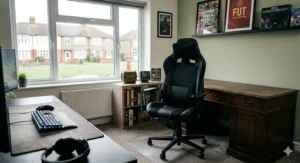 A photorealistic photograph of an all-black ergonomic gaming chair placed at a wooden desk within a typical UK bedroom setup. The scene features soft natural daylight from a large window overlooking British terraced houses, creating a cosy and realistic gaming environment.