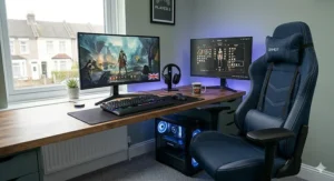 Alt text for image 6: A complete UK gaming setup featuring a blue chair, mechanical keyboard, and dual-monitor rig with RGB lighting.