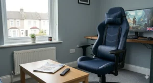 Alt text for image 3: A stylish blue and black faux-leather gaming chair situated in a modern British living room next to a window.