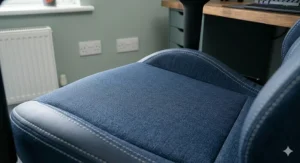 Alt text for image 5: Close-up texture shot of the breathable blue fabric upholstery used on a premium UK gaming seat.