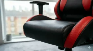 Close-up of the breathable red and black fabric upholstery and premium stitching details.