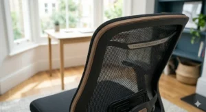 Breathable mesh backrest on a silent office chair providing support and airflow.