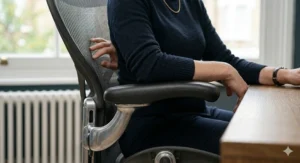 Close-up view of a person leaning against the breathable mesh fabric and adjustable armrest of a premium study chair for adults next to a classic radiator.