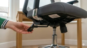 A detailed close-up photograph focusing on the pneumatic lift and tilt tension adjustment levers on the specific grey and black ergonomic budget chair in a UK home office setting.