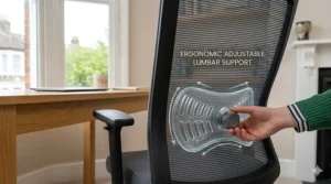 A detailed close-up showing the adjustable lumbar support on an affordable mesh office chair, with natural light from a window illuminating the specific tension dial and integrated support pad.