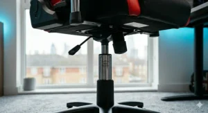 View of the Class 4 gas lift mechanism for height adjustment on a professional red and black gaming chair.