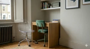 A transparent ghost-style office chair used at a small workspace to create a sense of openness and less visual clutter.