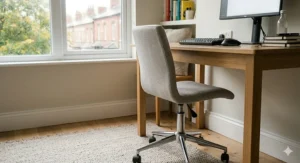 An armless aesthetic office chair with a small footprint, ideal for a compact UK flat or small study space.