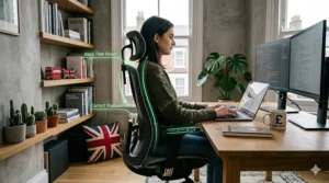 A compact grey designer office chair at a reasonable price, neatly tucked under a small corner desk in a UK spare bedroom office.
