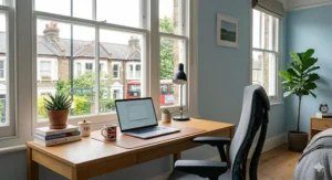 A compact desk chair designed for small bedrooms, showing adjustable height features.