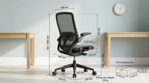 Technical drawing showing the width and height dimensions of a compact office chair for small spaces.
