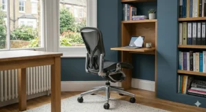 An ergonomic study chair for adults positioned in front of a compact built-in wooden alcove desk workspace inside a modern UK room.