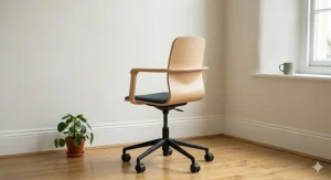 Illustration of a person sitting with correct posture in a small desk chair with back support to prevent aches.