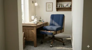 Sturdy craft room chair with smooth-rolling caster wheels gliding across a modern grey carpeted floor.