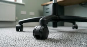 Alt text for image 8: Heavy-duty nylon castors and five-star base of a blue gaming chair, suitable for carpeted UK floors.