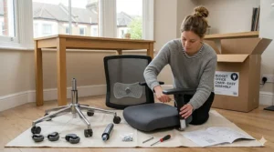A photorealistic 4K image showing the easy assembly of the budget ergonomic chair, with components like the mesh back, seat, chrome base, and tools laid out on a UK home office floor.