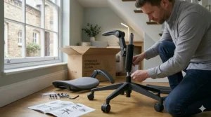 A compact task chair being easily assembled, highlighting its suitability for quick home office setups.